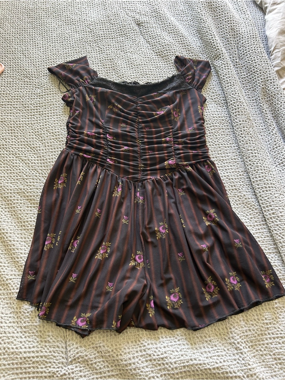 Kimchi Blue Brown Striped Romper with Purple Floral Accents